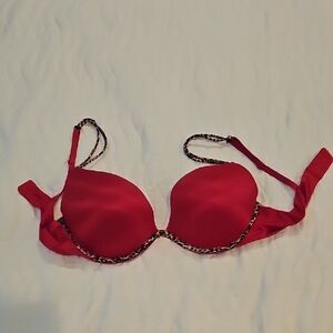 Red Women's Bra with Leopard Trim